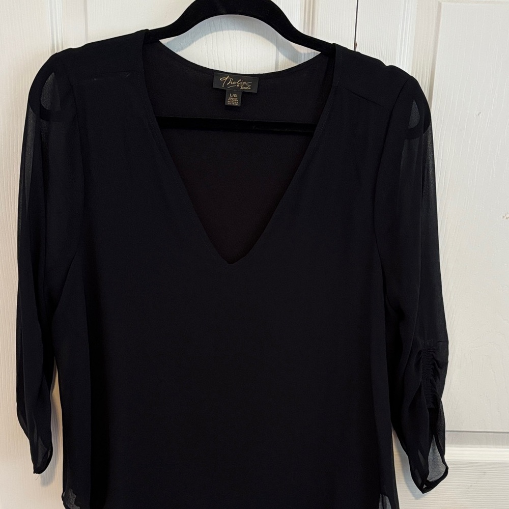 Long Sleeve V Neck Black blouse with sheer sleeves Size Large